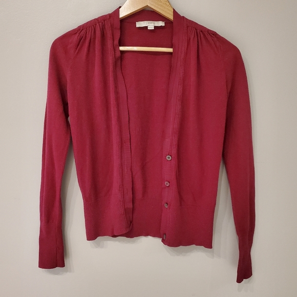LOFT Shirred Shoulder Cardigan - Beet - Picture 2 of 9